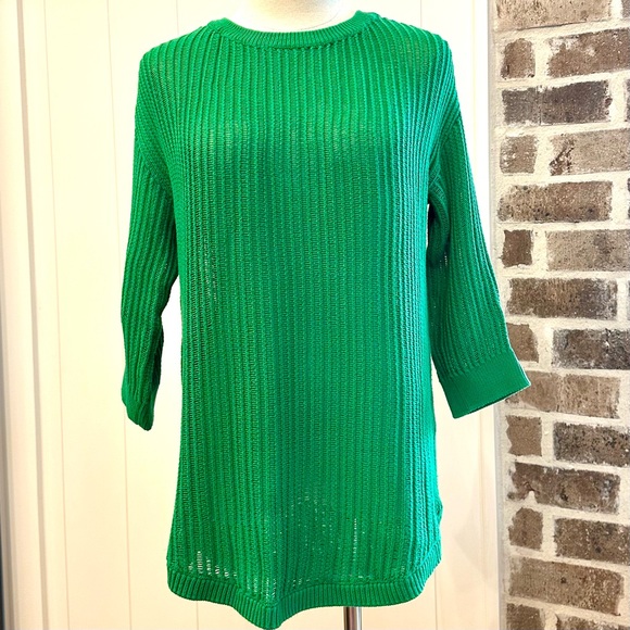 GAP Chain Stitch Open Knit 3/4 Sleeve Ballet Neck in Bright Kelly Green — M - Picture 4 of 5